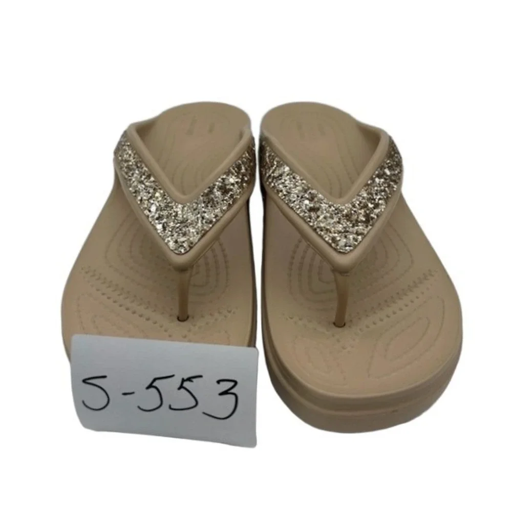 Crocs Capri Glitter Flip Flops Women's Size 10 W Tan Gold Sparkle Wedge Sandals
